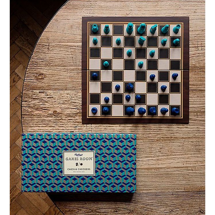 Szachy i warcaby zestaw BV JACOB COMPANY z drewnianą planszą i niebieskimi figurami do gry