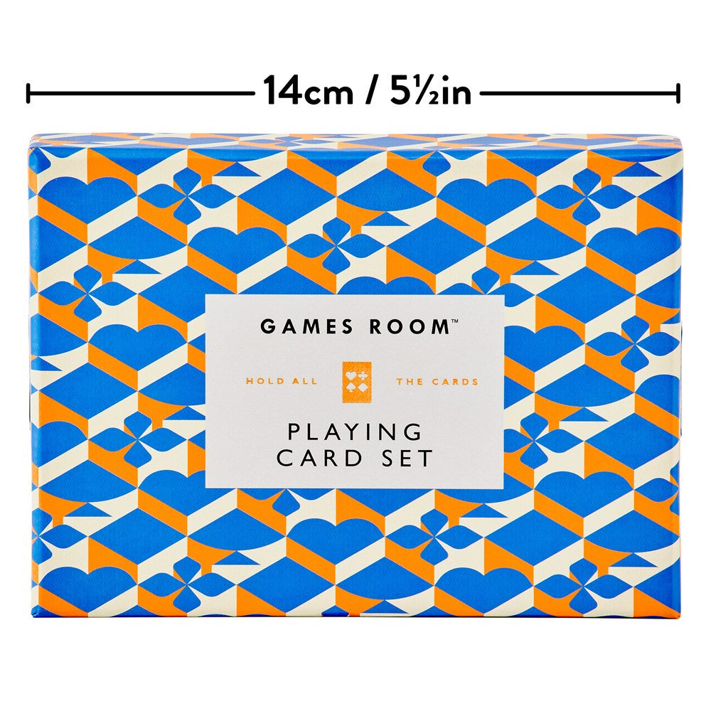 Zestaw kart do gry BV JACOB COMPANY w dekoracyjnym geometrycznym opakowaniu niebiesko-pomarańczowym