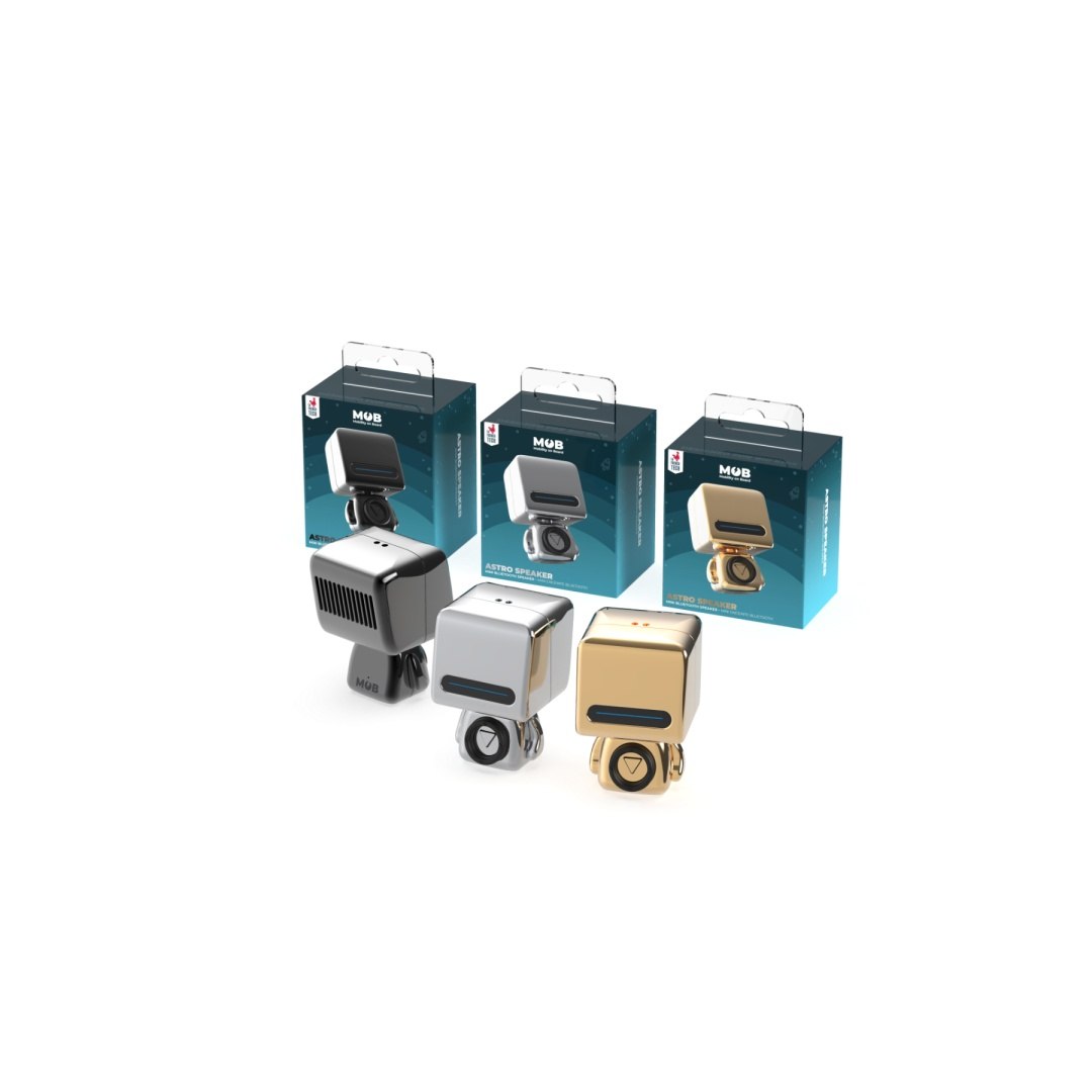 Trzy głośniki bezprzewodowe Astro w kolorach czarnym, srebrnym i złotym w oryginalnych opakowaniach BV JACOB COMPANY