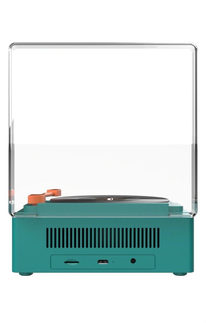 LOQI głośnik z budzikiem gramofon w zielonym kolorze z przezroczystą osłoną na białym tle