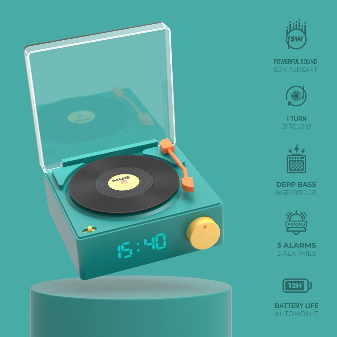 Głośnik z budzikiem gramofon w kolorze turkusowym z cyfrowym wyświetlaczem i pokrywą LOQI