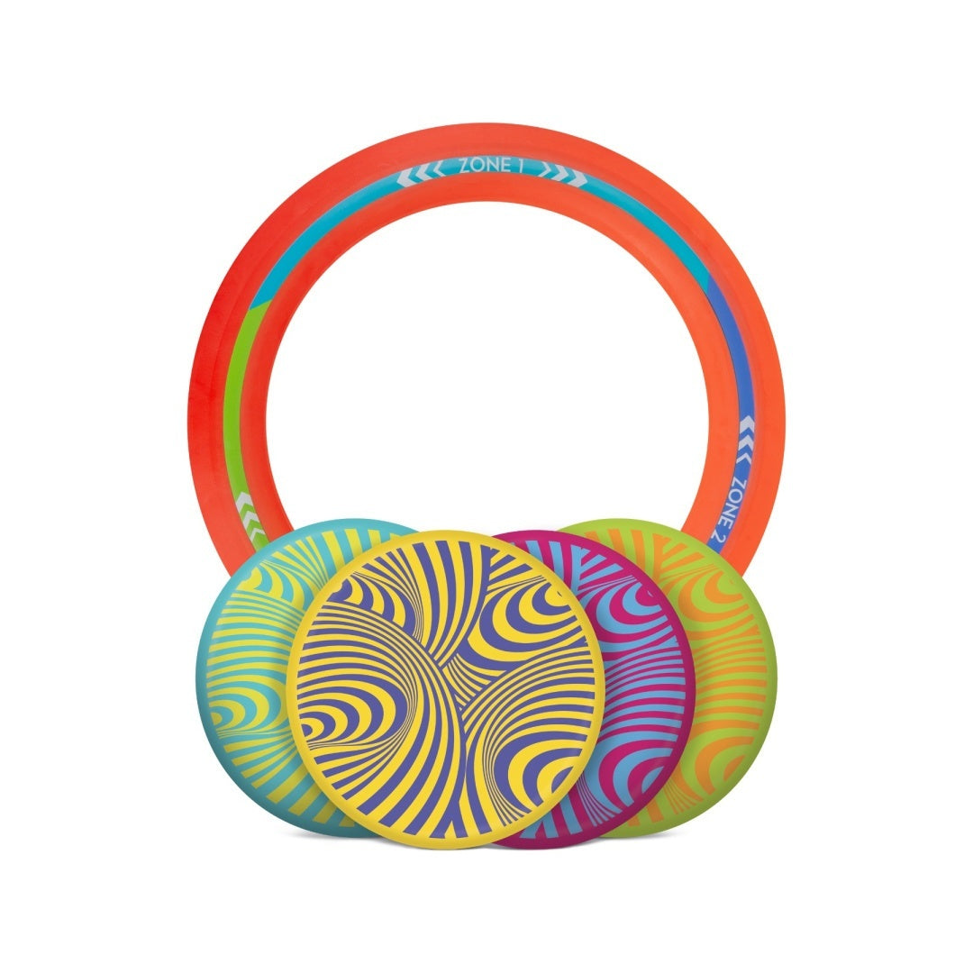 Kolorowa gra Waboba Backnine z obręczą i czterema spiralnymi dyskami do rzucania
