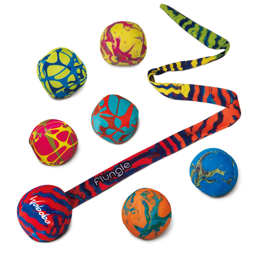 Kolorowa gra zręcznościowa Waboba Flungle z piłkami i długą tkaną taśmą