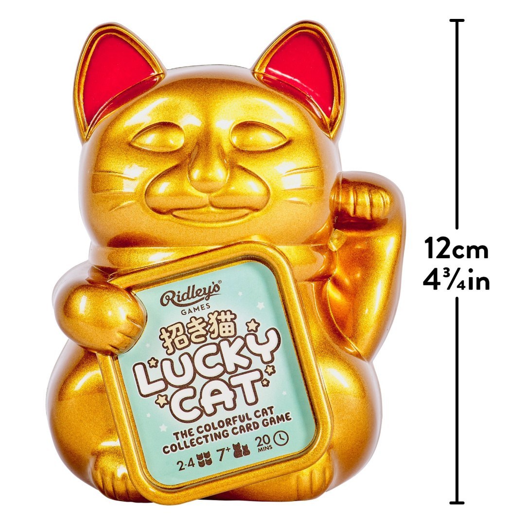 Gra karciana Lucky Cat w kształcie złotej figurki kota z czerwoną stroną uszu i wymiarem 12 cm