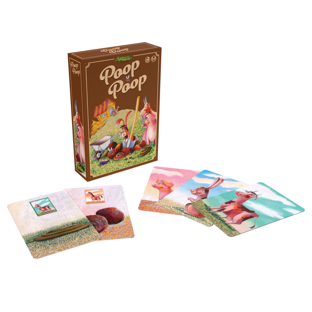 Gra karciana poop poop od BV JACOB COMPANY z kolorowymi kartami przedstawiającymi zwierzęta i pola