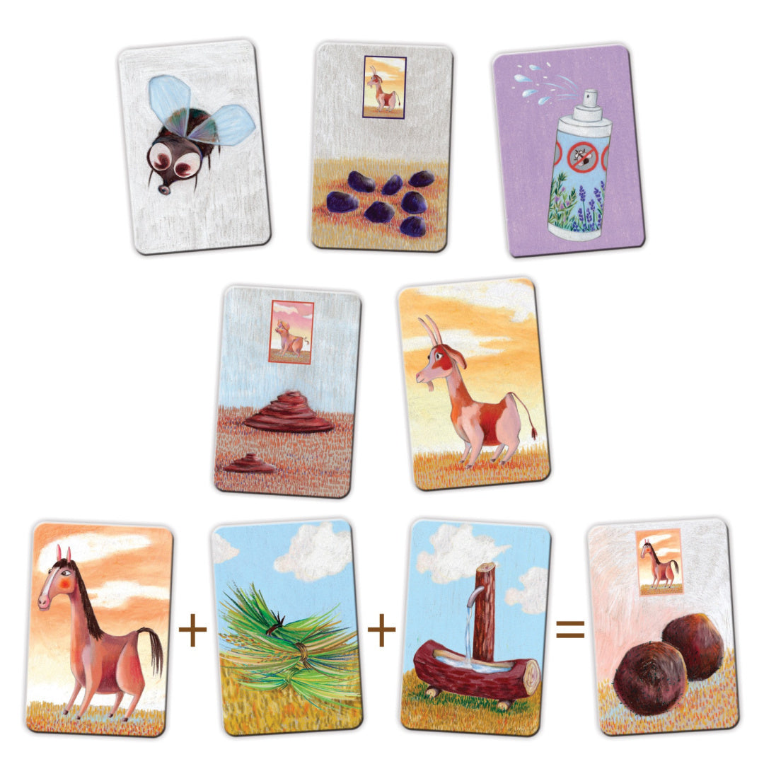 Karty z ilustracjami muchy, kóz, sprayu i ekskrementów z gry karcianej poop poop