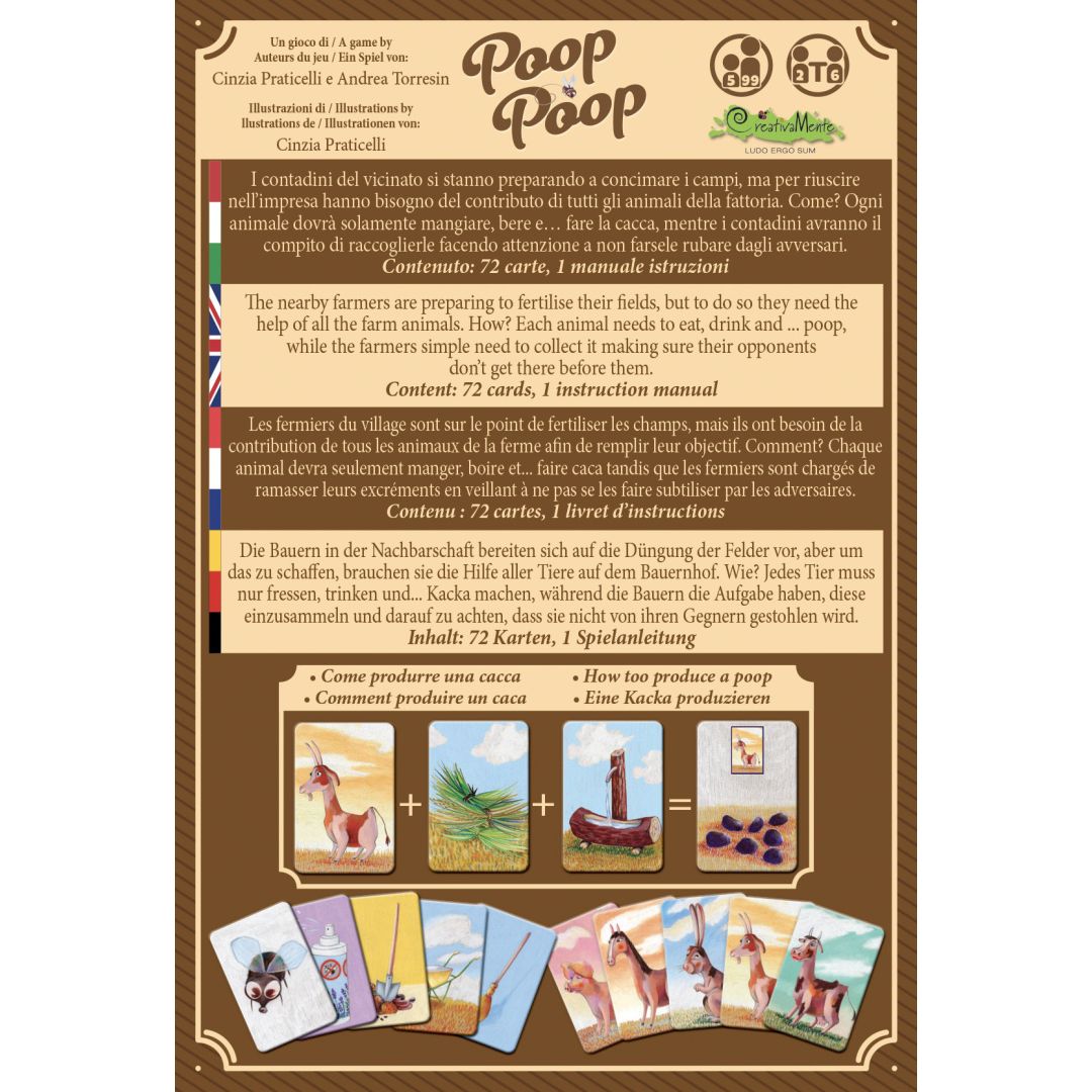 Gra karciana poop poop od BV JACOB COMPANY z instrukcjami w kilku językach do wykorzystania na farmie