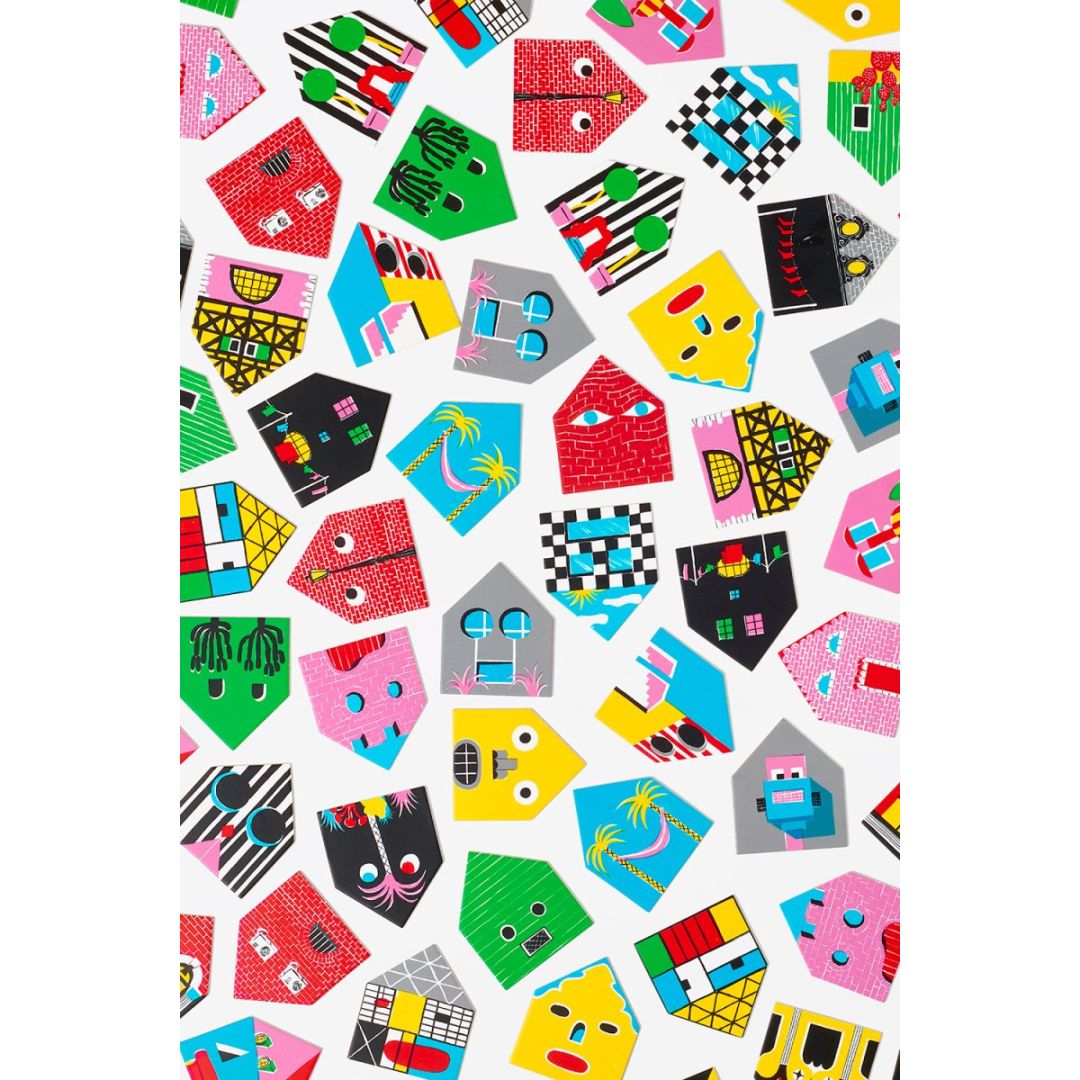 Kolorowa gra memory domki dla dzieci z różnorodnymi wzorami i twarzami na białym tle