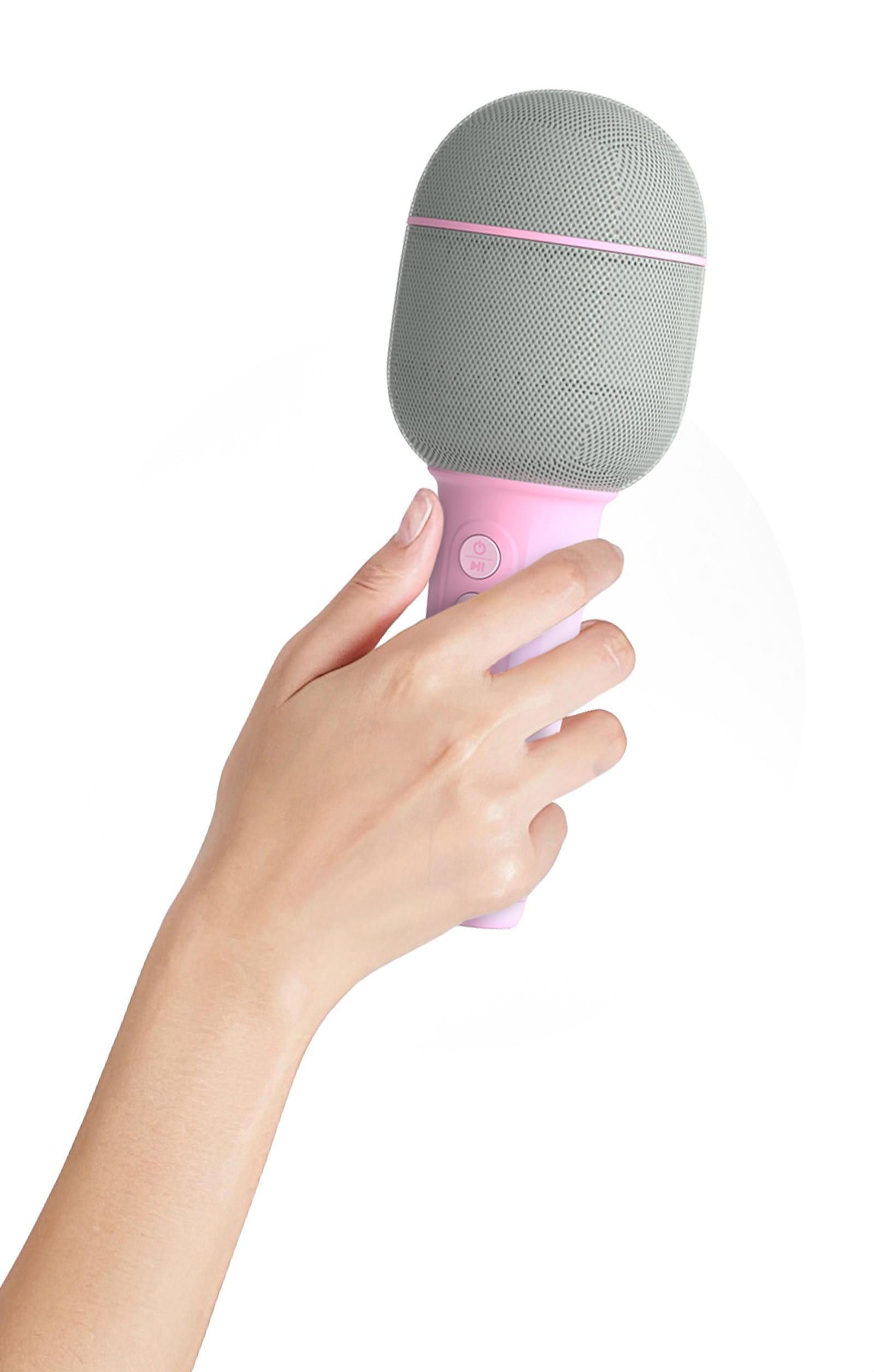 Ręka trzymająca różowy mikrofon bezprzewodowy z efektami wokalnymi marki WABOBA AB