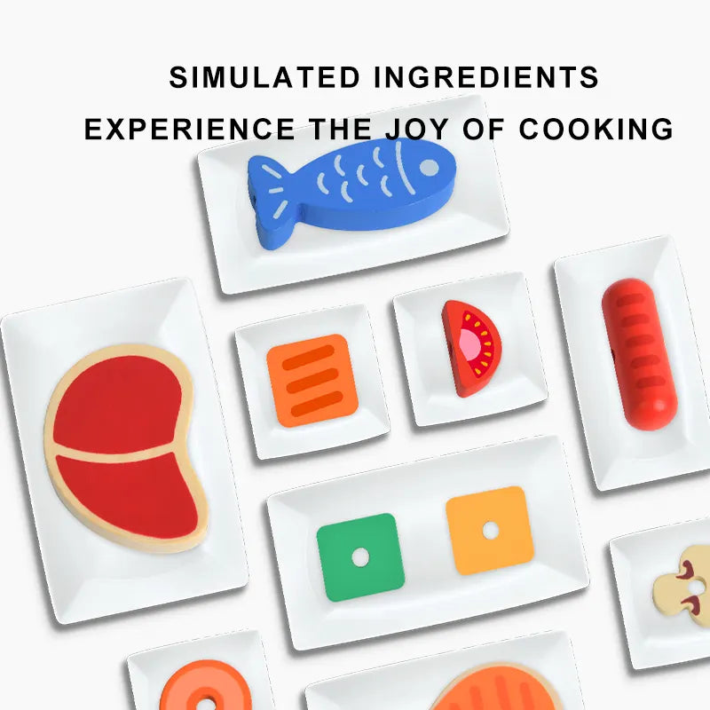 Drewniany grill dla dzieci z kolorowymi zabawkowymi potrawami na talerzach do nauki gotowania