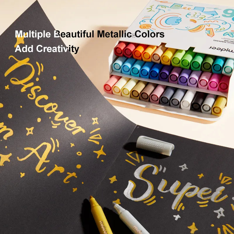 Markery akrylowe mideer 12 kolorów w opakowaniu z kolorowymi metalicznymi markerami na czarnym papierze