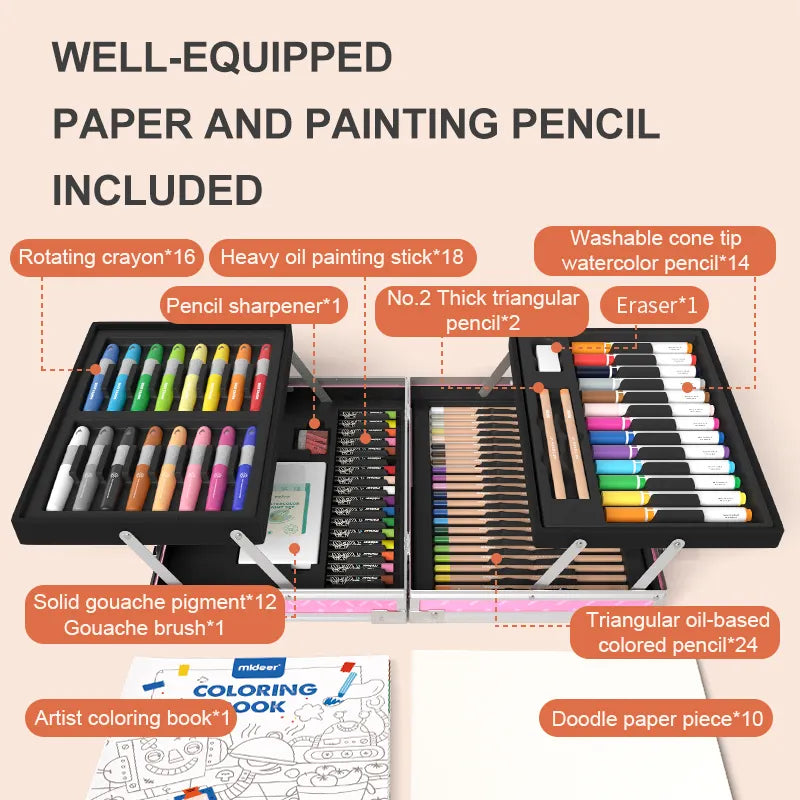 Walizka artystyczna dla dzieci z kredkami, farbami olejnymi, pędzlami, temperówką i kolorowanką