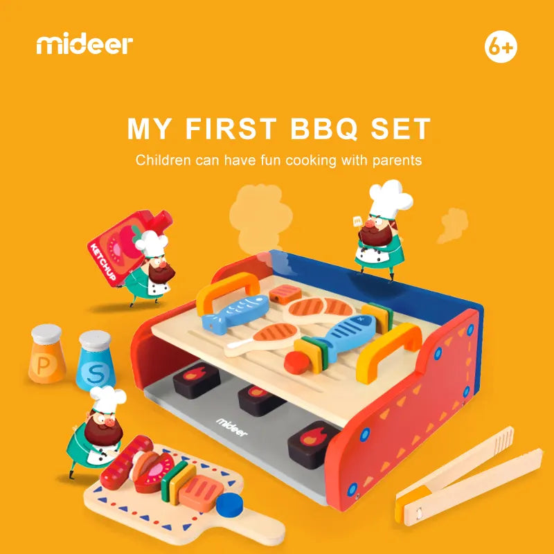 Drewniany grill dla dzieci z akcesoriami do zabawy w gotowanie dla najmłodszych.