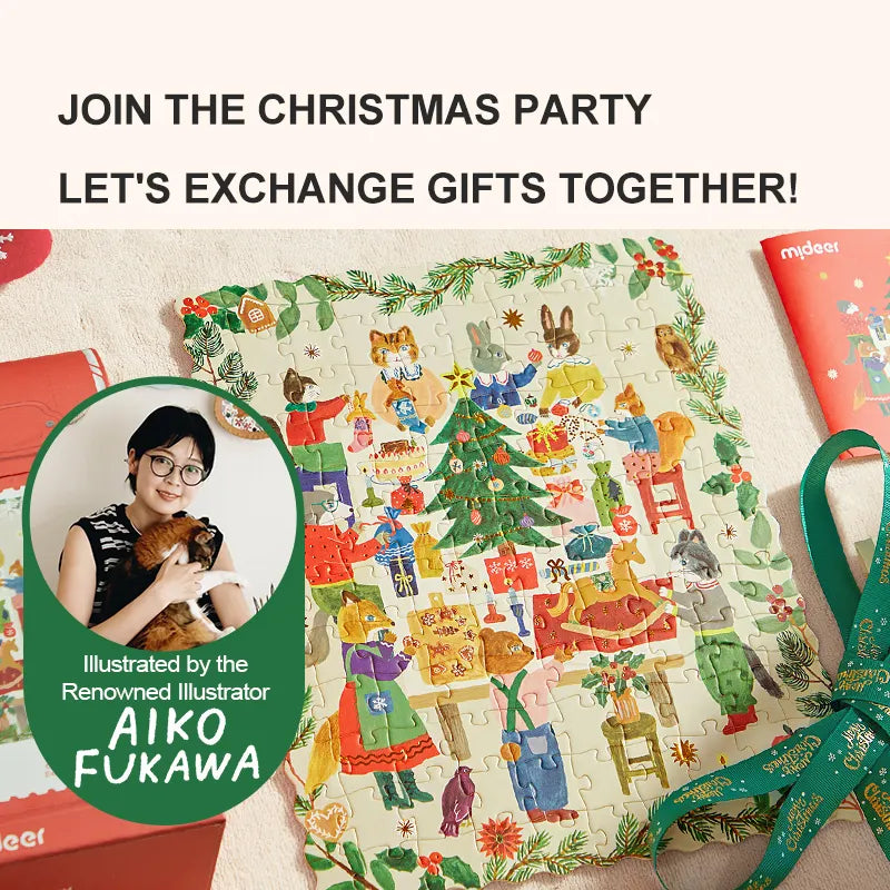 Świąteczne puzzle artystyczne dla dzieci z ilustracją zwierząt bawiących się przy choince