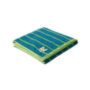 Ręcznik kąpielowy dla dzieci Mideer w niebiesko-zielone paski z haftowaną grafiką zwierzątka