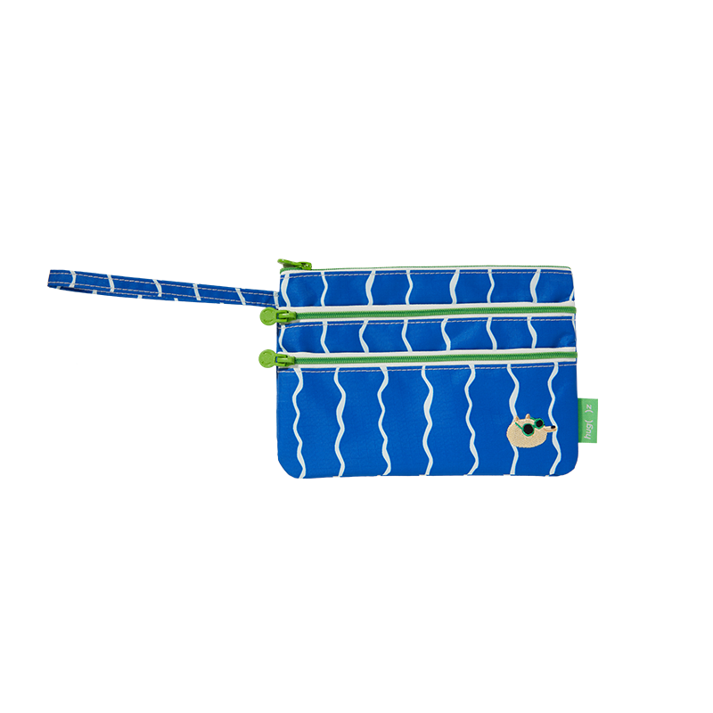 Niebieska wodoodporna saszetka na dokumenty dla dzieci z dwoma zamkami i paskiem do noszenia