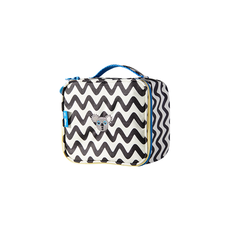 MOB kosmetyczka wodoodporna dziecięca z czarno-białym zygzakowatym wzorem i niebieskim uchwytem