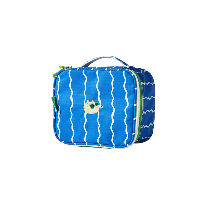 Niebieska kosmetyczka wodoodporna dla dzieci z białymi falistymi paskami i uroczym wzorem