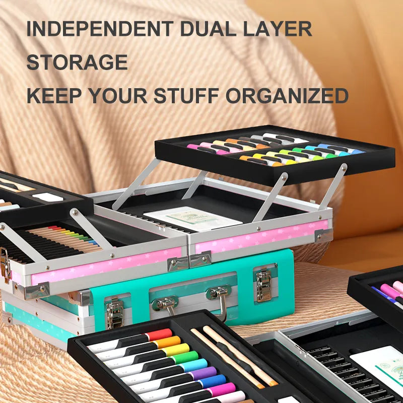 walizka artystyczna dla dzieci Yamann z dwuwarstwowym schowkiem i kolorowymi kredkami do rysowania