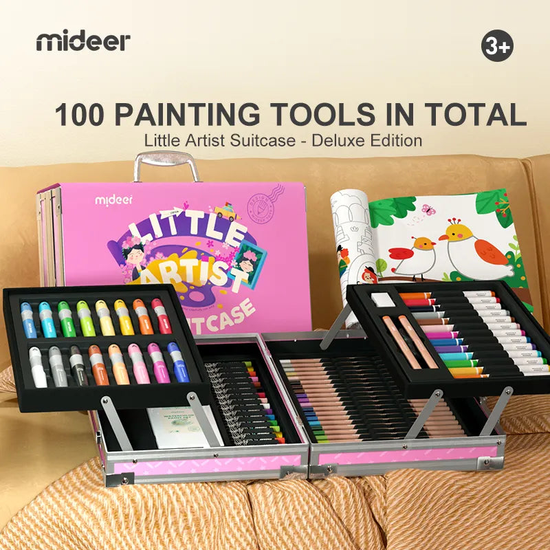 Walizka artystyczna dla dzieci z 100 narzędziami do malowania i rysowania w różowych kolorach