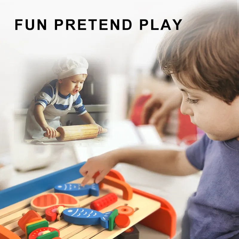 Drewniany grill dla dzieci z kolorowymi drewnianymi zabawkami przygotowywanymi przez dziecko