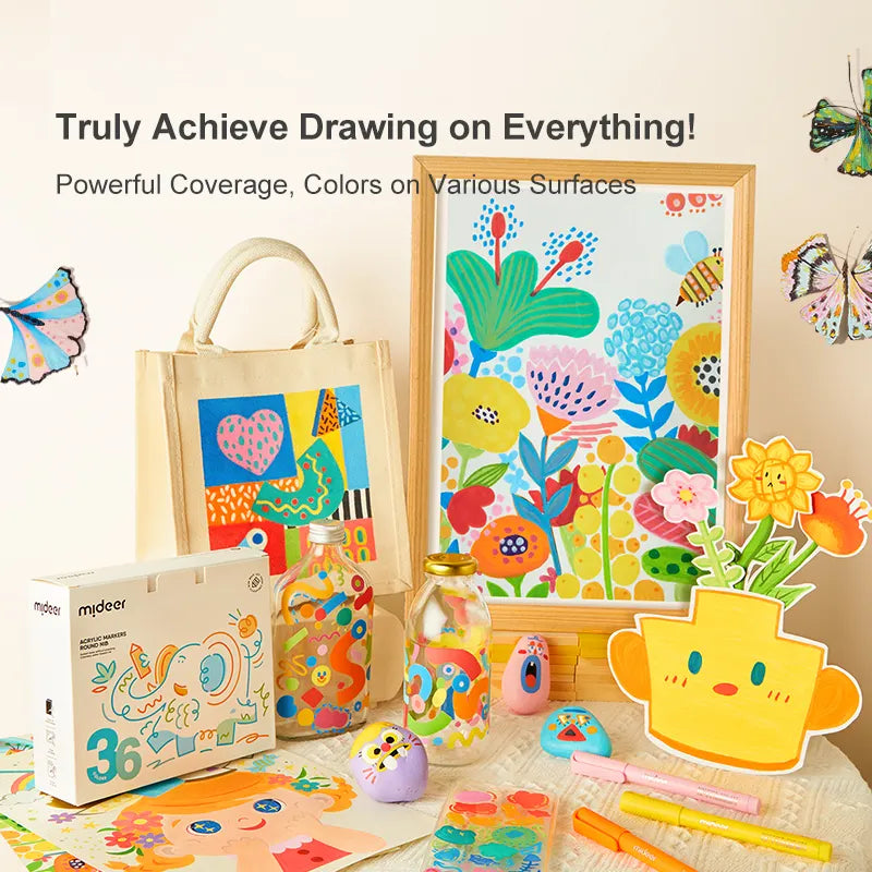 Zestaw markery akrylowe mideer 12 kolorów z kolorowymi rysunkami na różnych powierzchniach