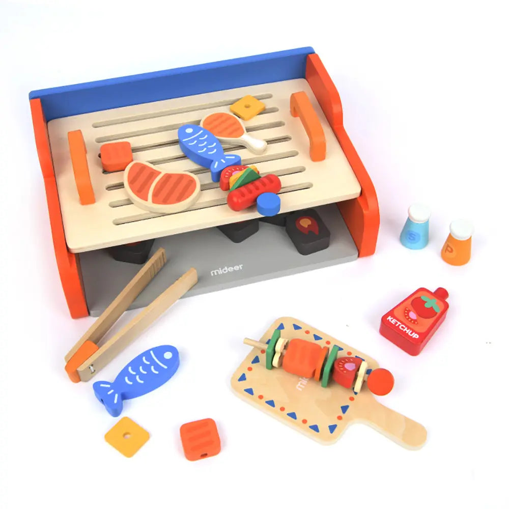 Drewniany grill dla dzieci z kolorowymi drewnianymi akcesoriami do zabawy MOB