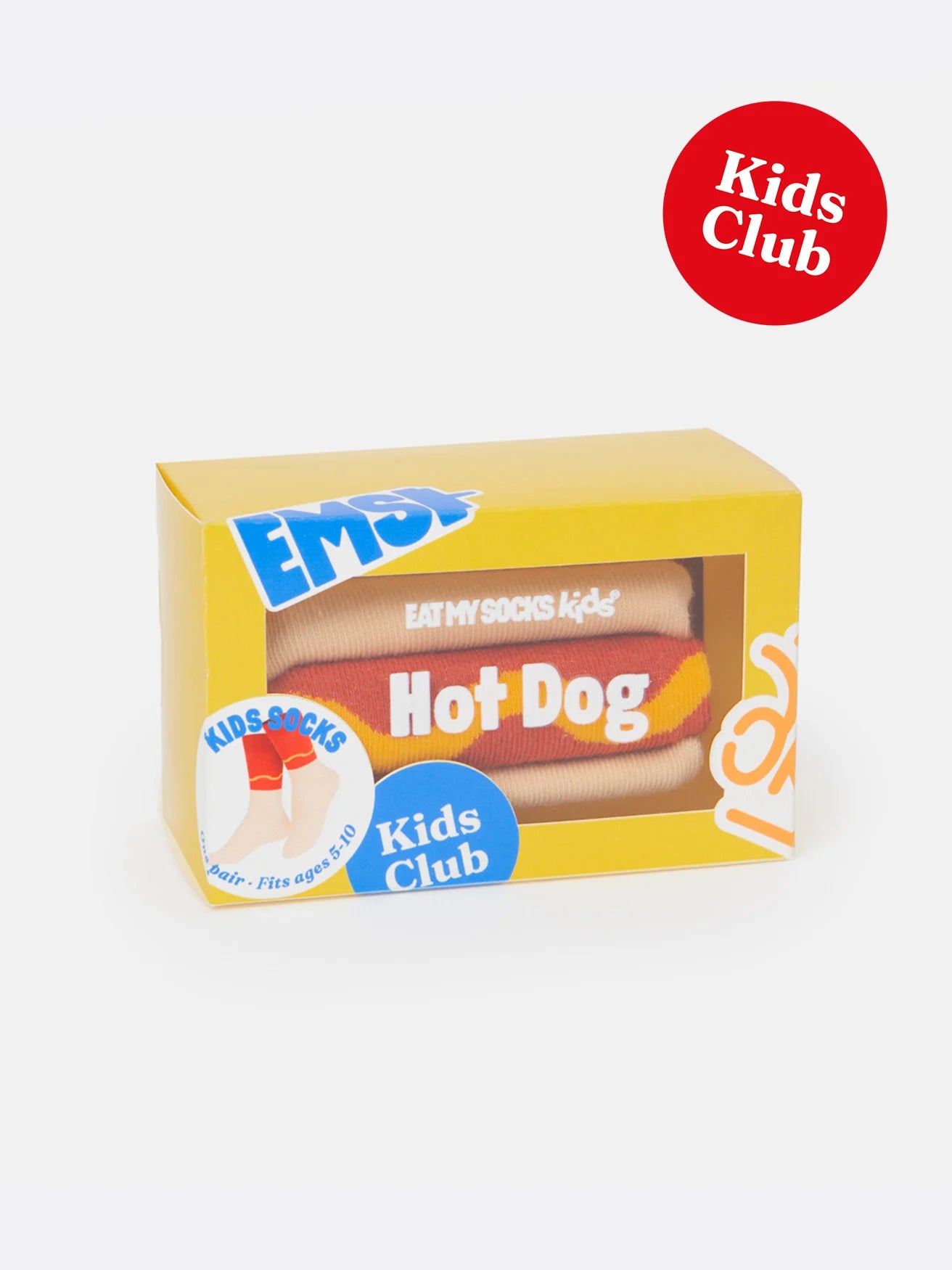 Skarpetki hot dog dla dzieci w opakowaniu EMS Eat My Socks Kids w żółtym pudełku
