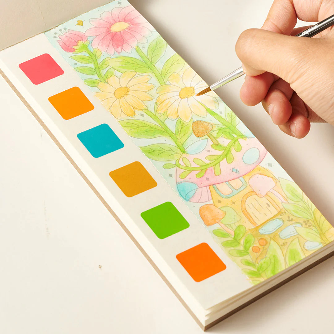 Kolorowanka akwarelowa kwiaty z paletą kolorów i pędzlem malującym delikatne kwiaty