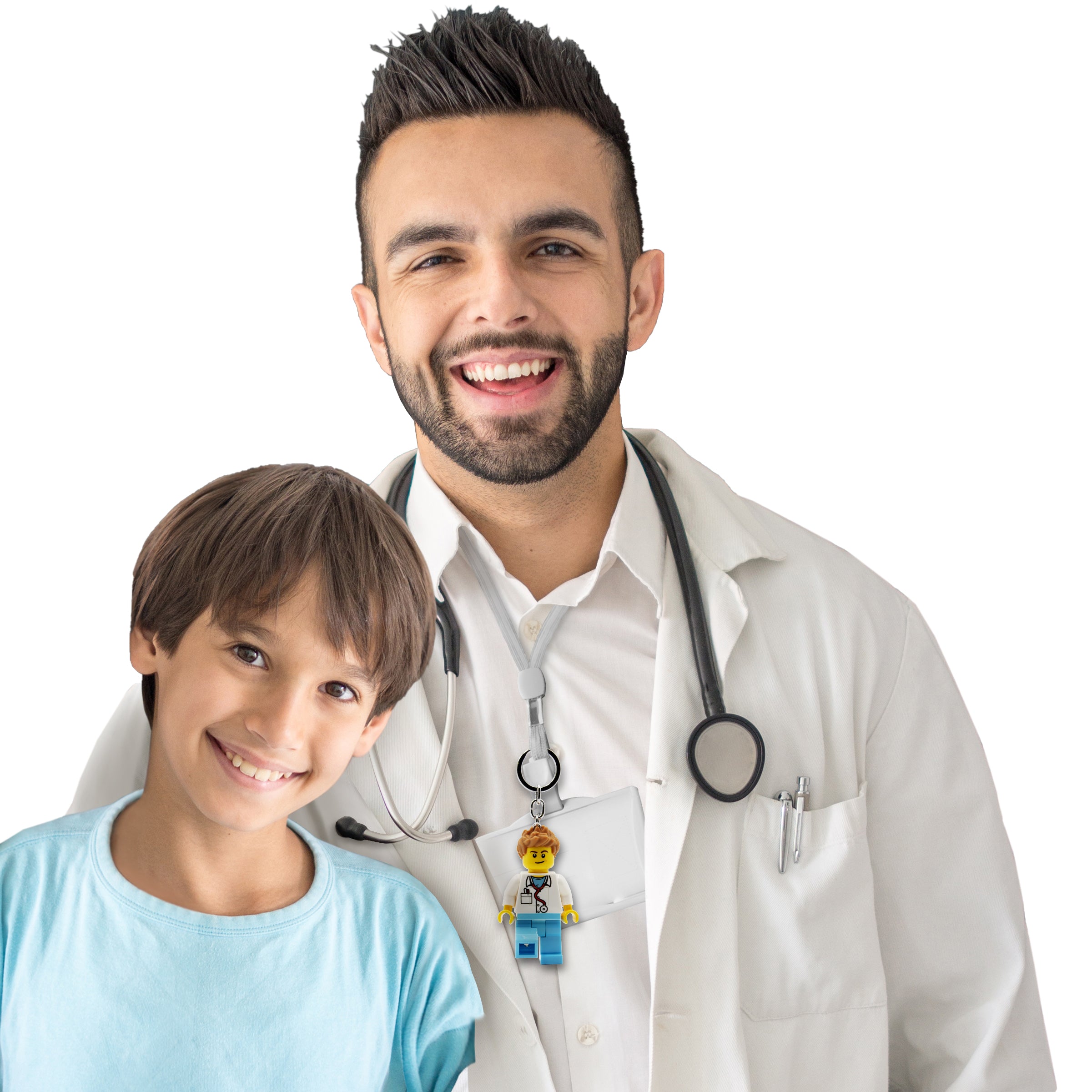 Brelok LEGO lekarz z latarką zawieszony na smyczy lekarza z uśmiechniętym dzieckiem