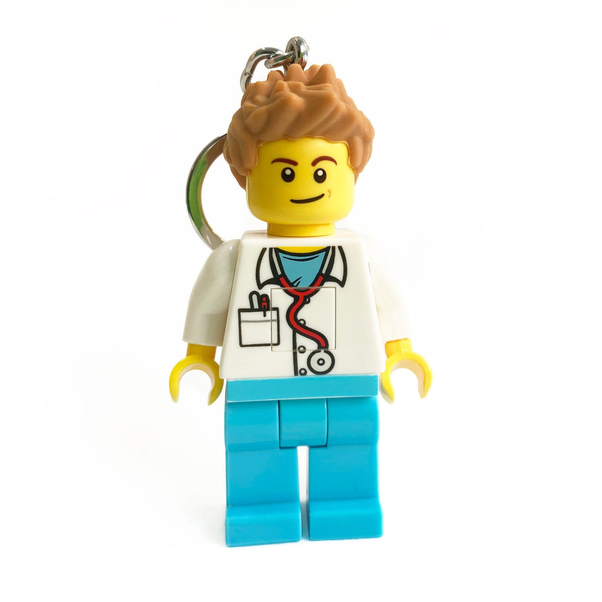 brelok LEGO lekarz z latarką przedstawiający figurkę lekarza w białym fartuchu i niebieskich spodniach