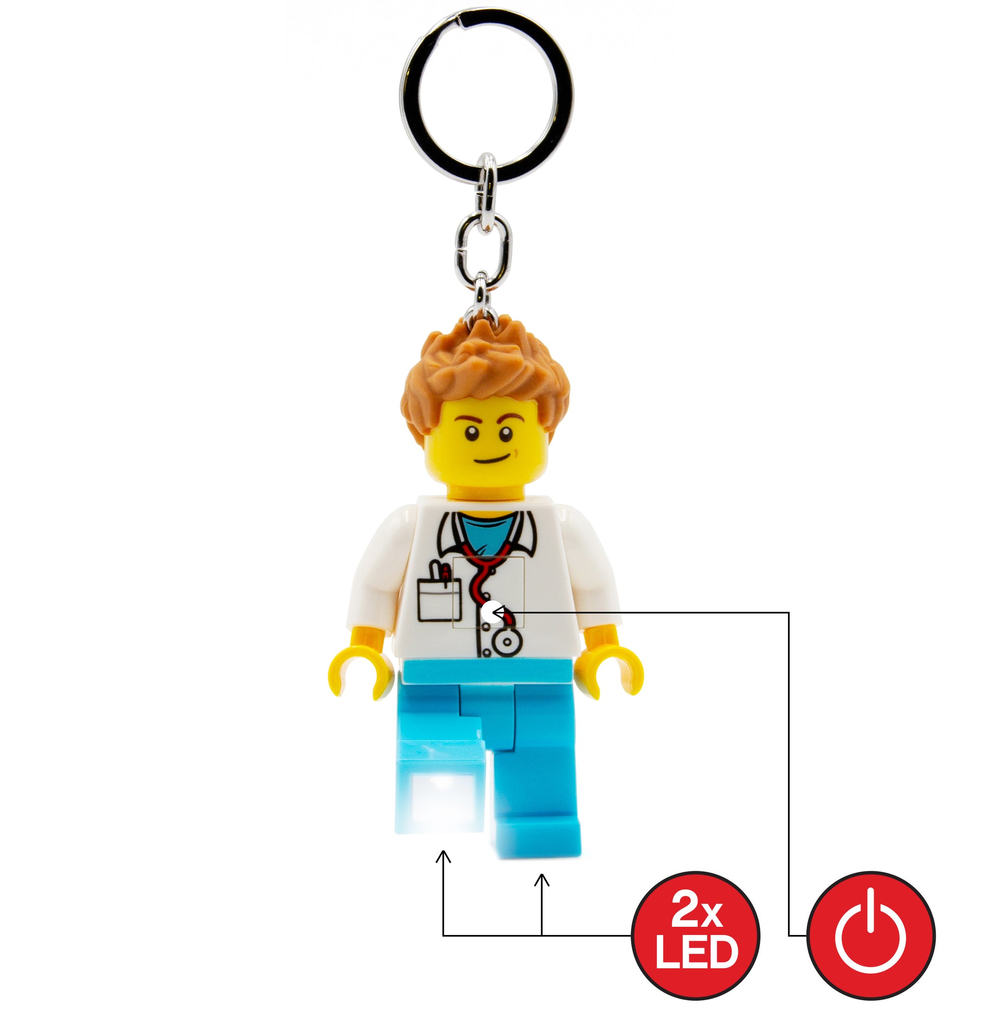 brelok LEGO lekarz z latarką z dwoma diodami LED i obracanym włącznikiem