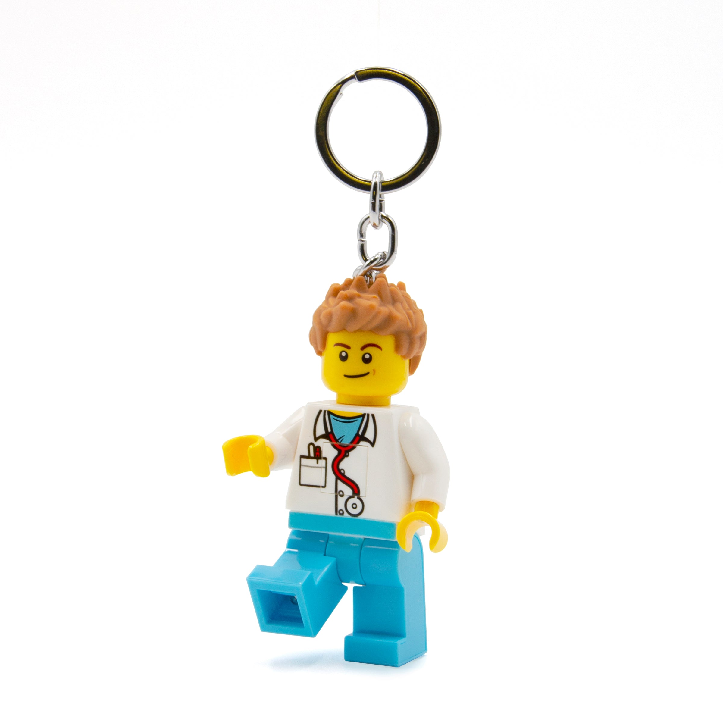 Brelok LEGO lekarz z latarką przedstawiający figurkę lekarza w białym fartuchu i niebieskich spodniach