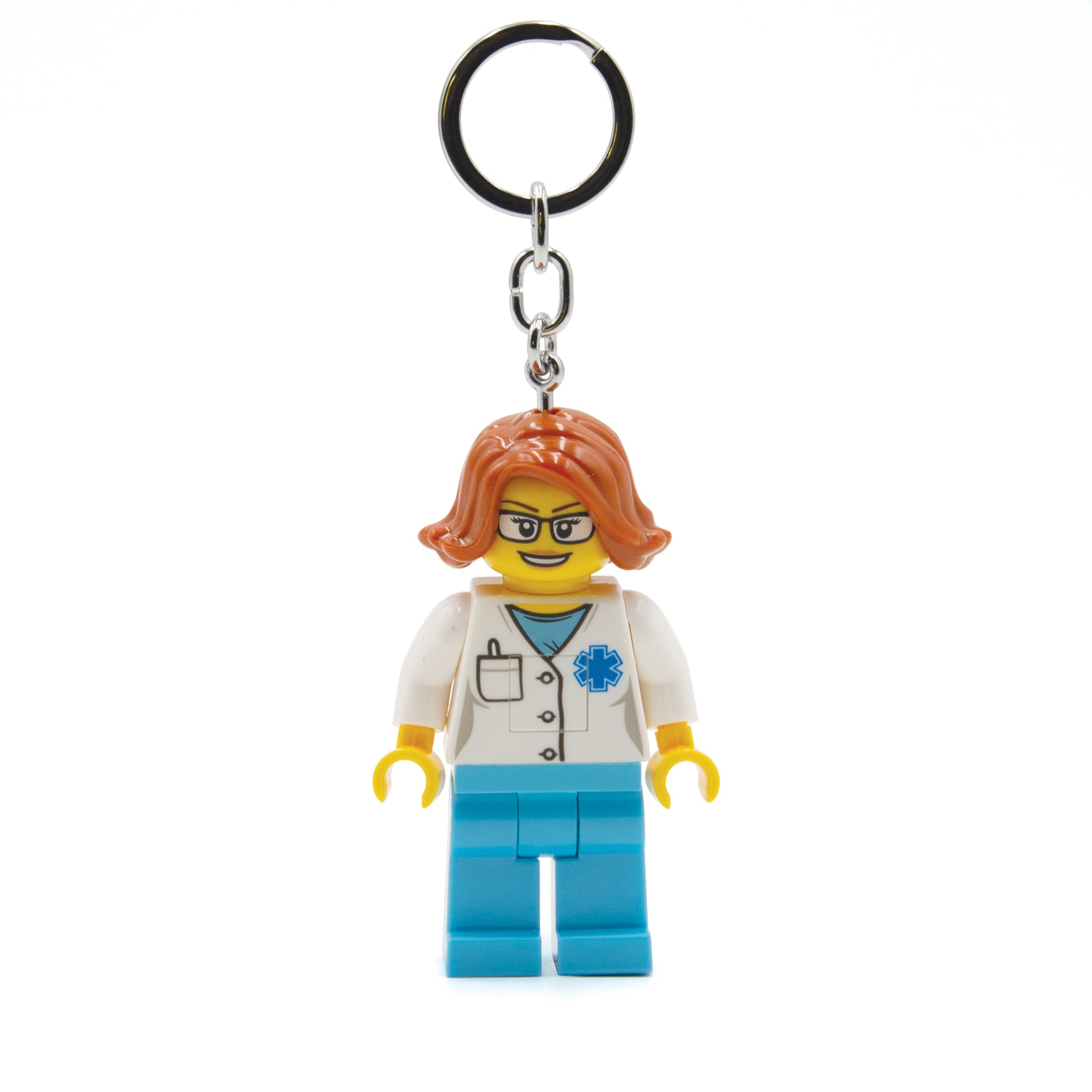Brelok lego latarka lekarka z figurką kobiety w białym kitlu i niebieskich spodniach