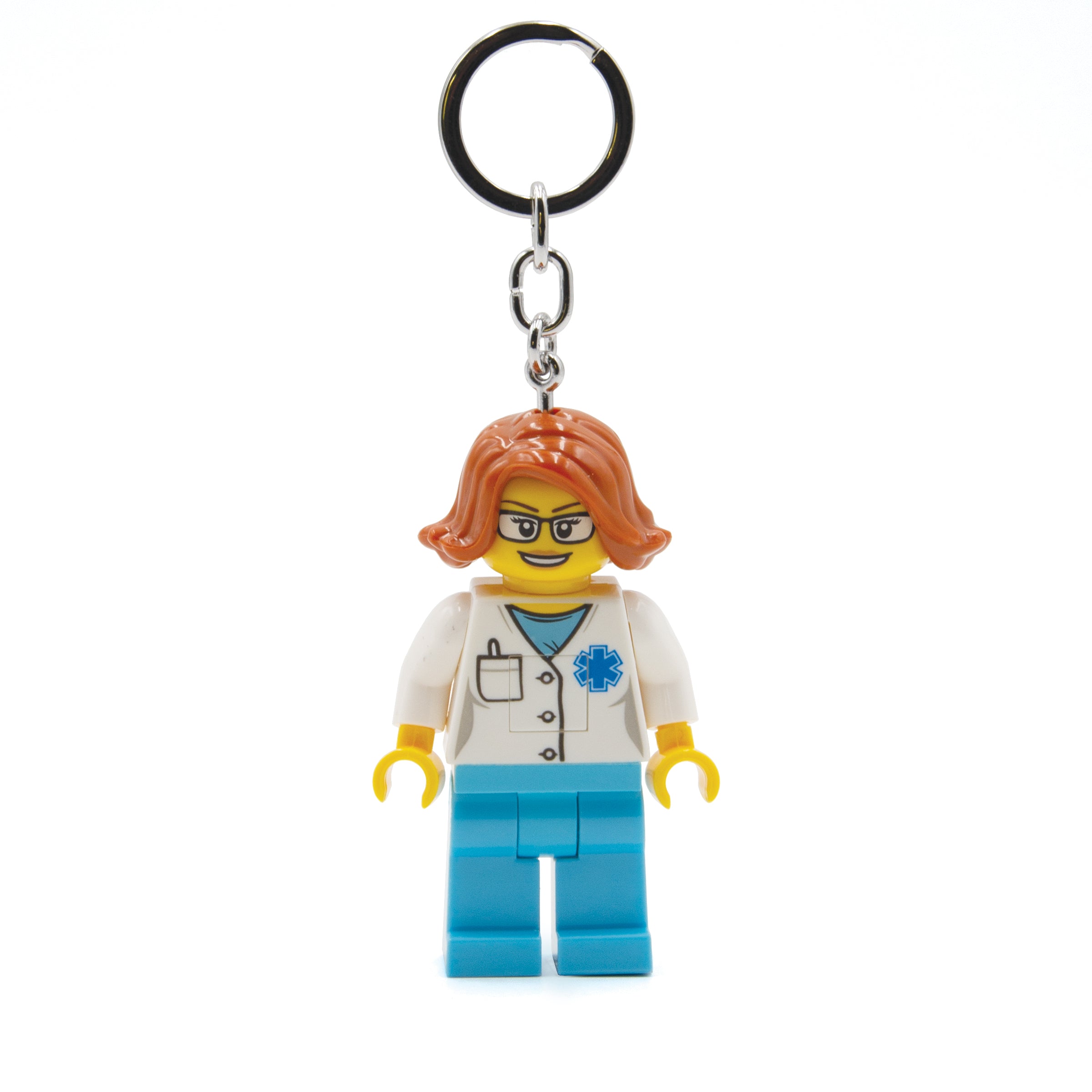 Brelok lego latarka lekarka z figurką kobiety w białym kitlu i niebieskich spodniach