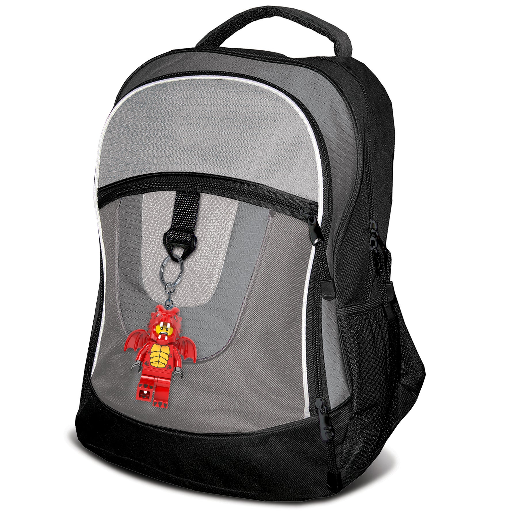 Plecak z brelokiem z latarką LEGO smok czerwony przypięty do zamka plecaka MOB