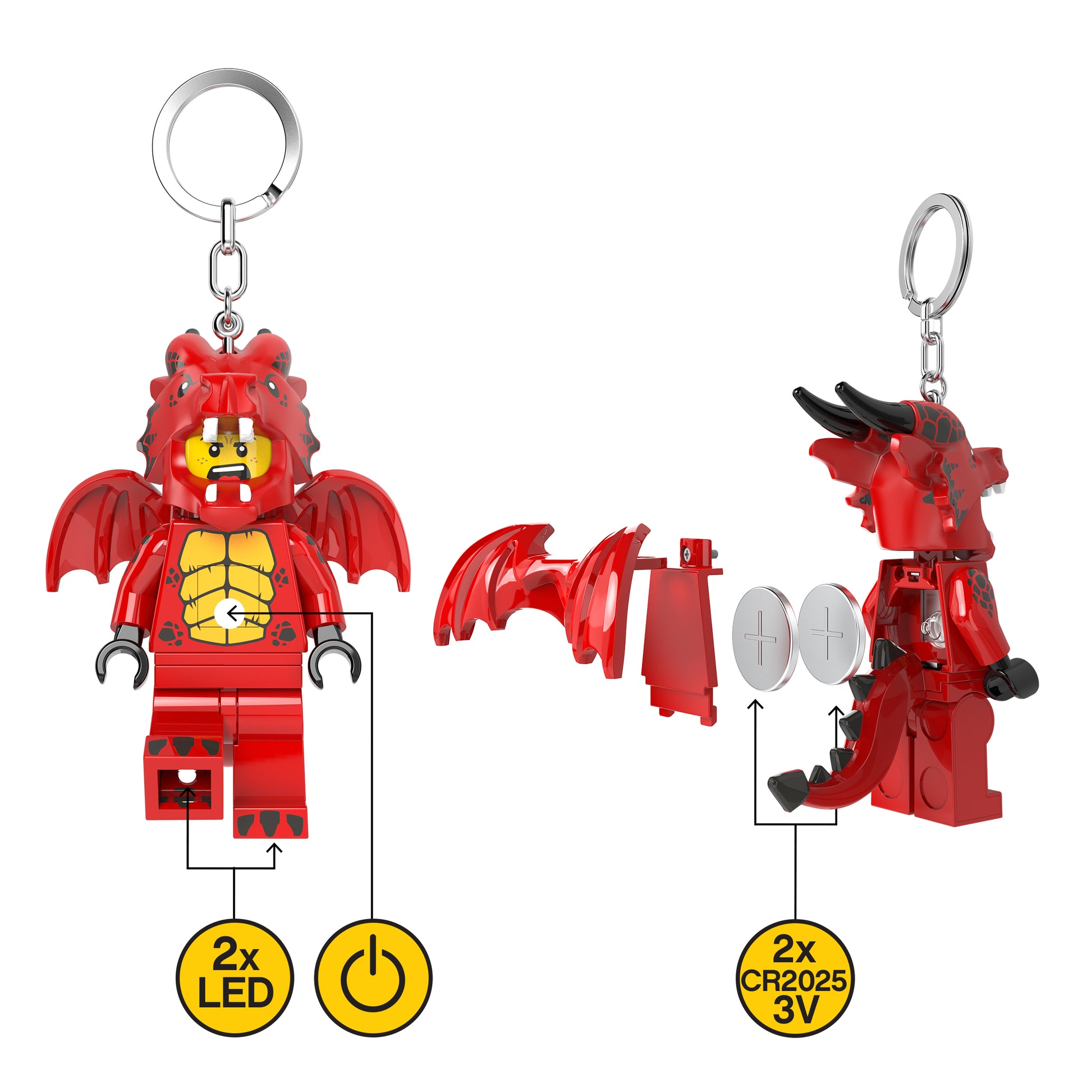 MOB brelok z latarką LEGO smok w kształcie czerwonej figurki smoka z skrzydłami i diodami LED