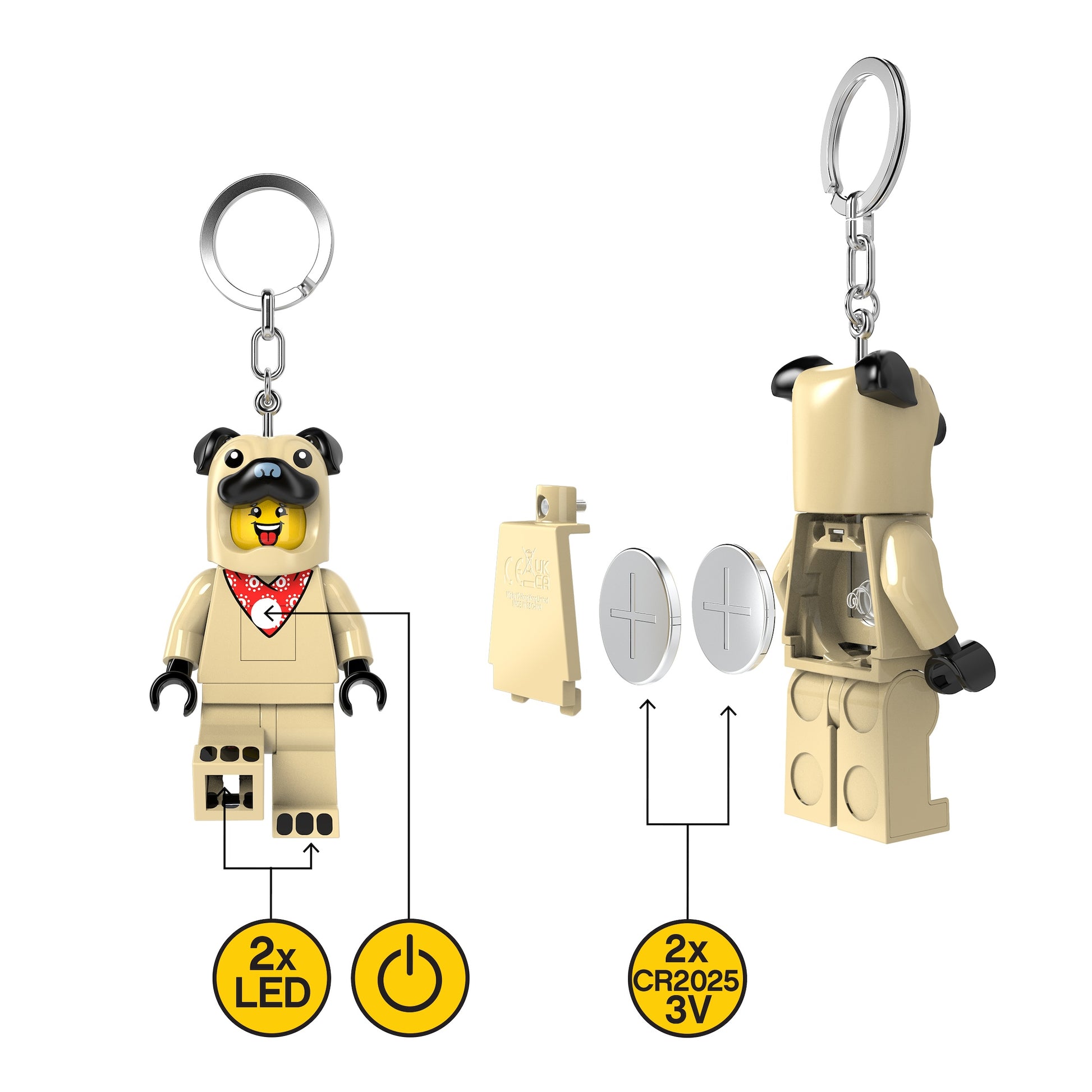 Brelok z latarką LEGO Mops w kształcie figurki psa z dwoma diodami LED i bateriami CR2025