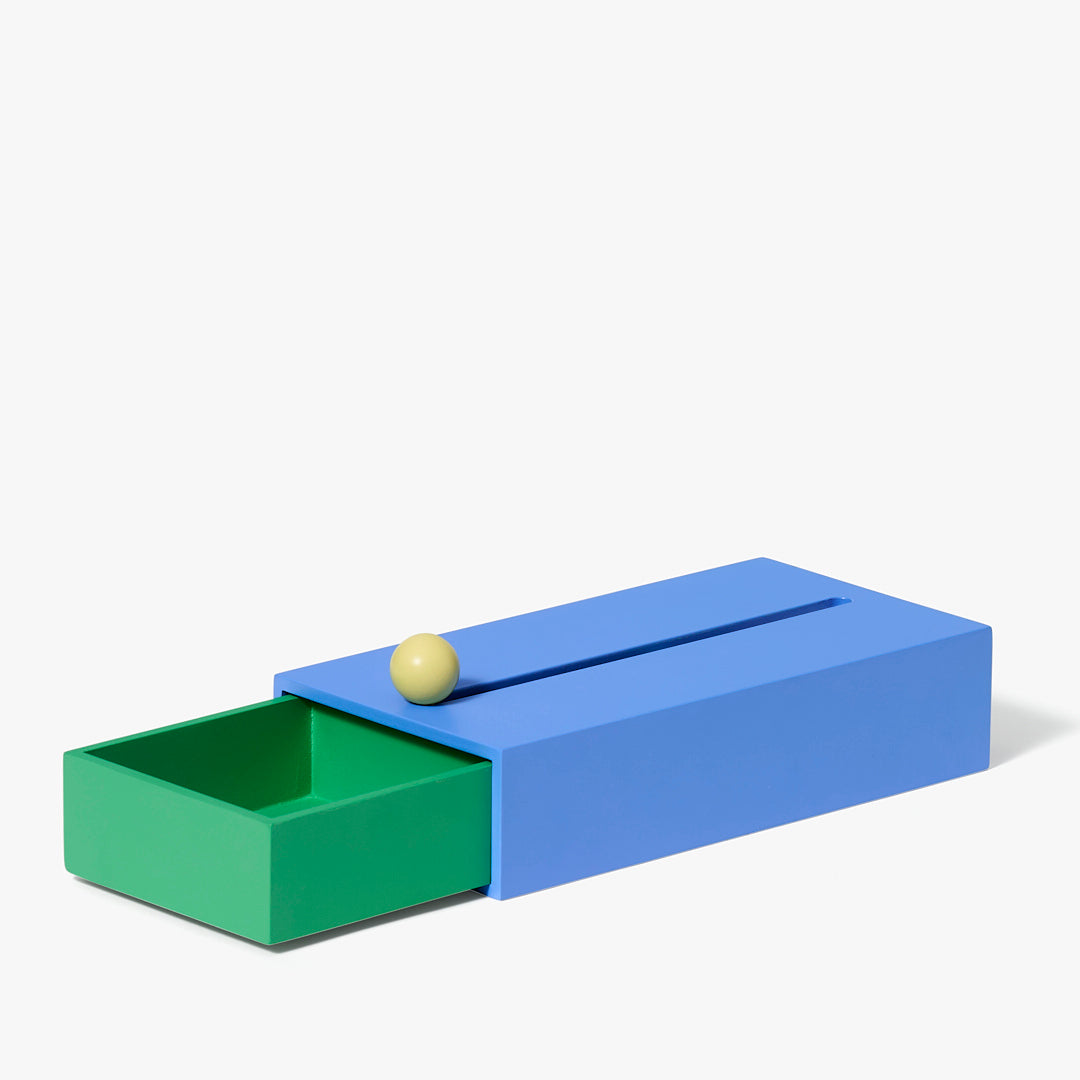 Pojemnik Cache Box Areaware duży z niebieską pokrywą i zielonym wysuwanym schowkiem