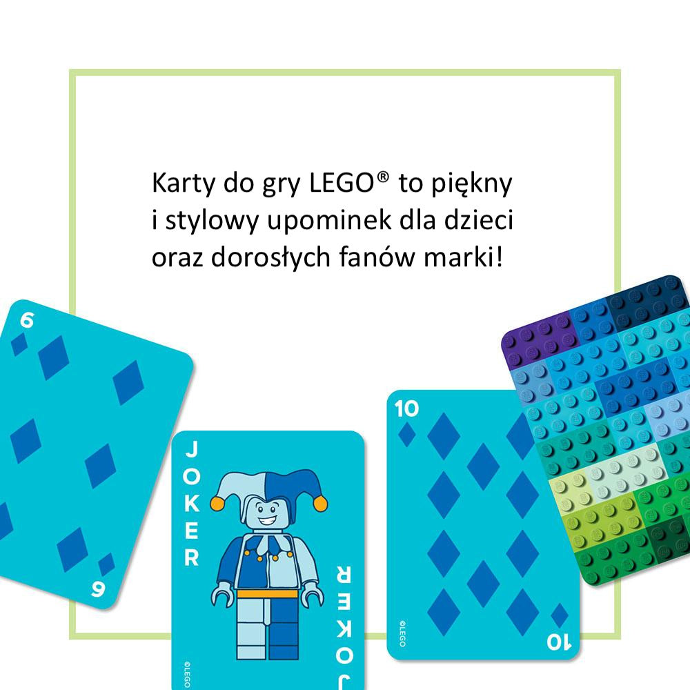 Karty do gry LEGO z niebieskimi kartami i postacią jokera jako stylowy upominek dla fanów LEGO
