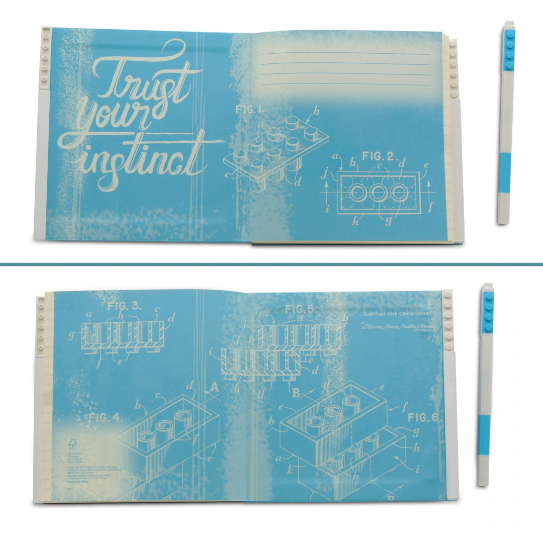 Notatnik LEGO z długopisem w kolorze niebieskim z technicznymi szkicami klocków LEGO