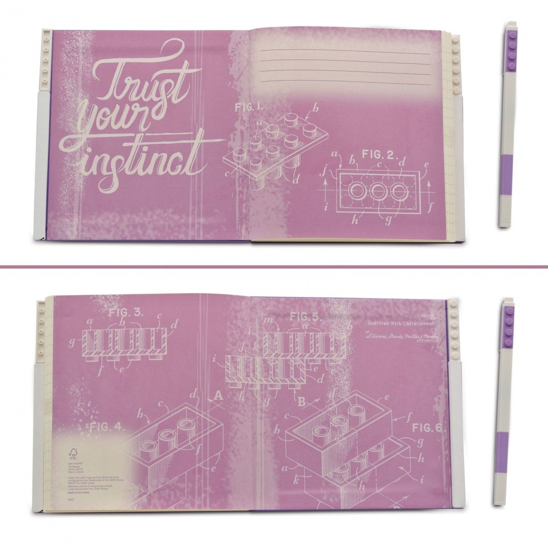 Notatnik LEGO fioletowy z nadrukiem schematów klocków i długopisem w kolorze fioletowym