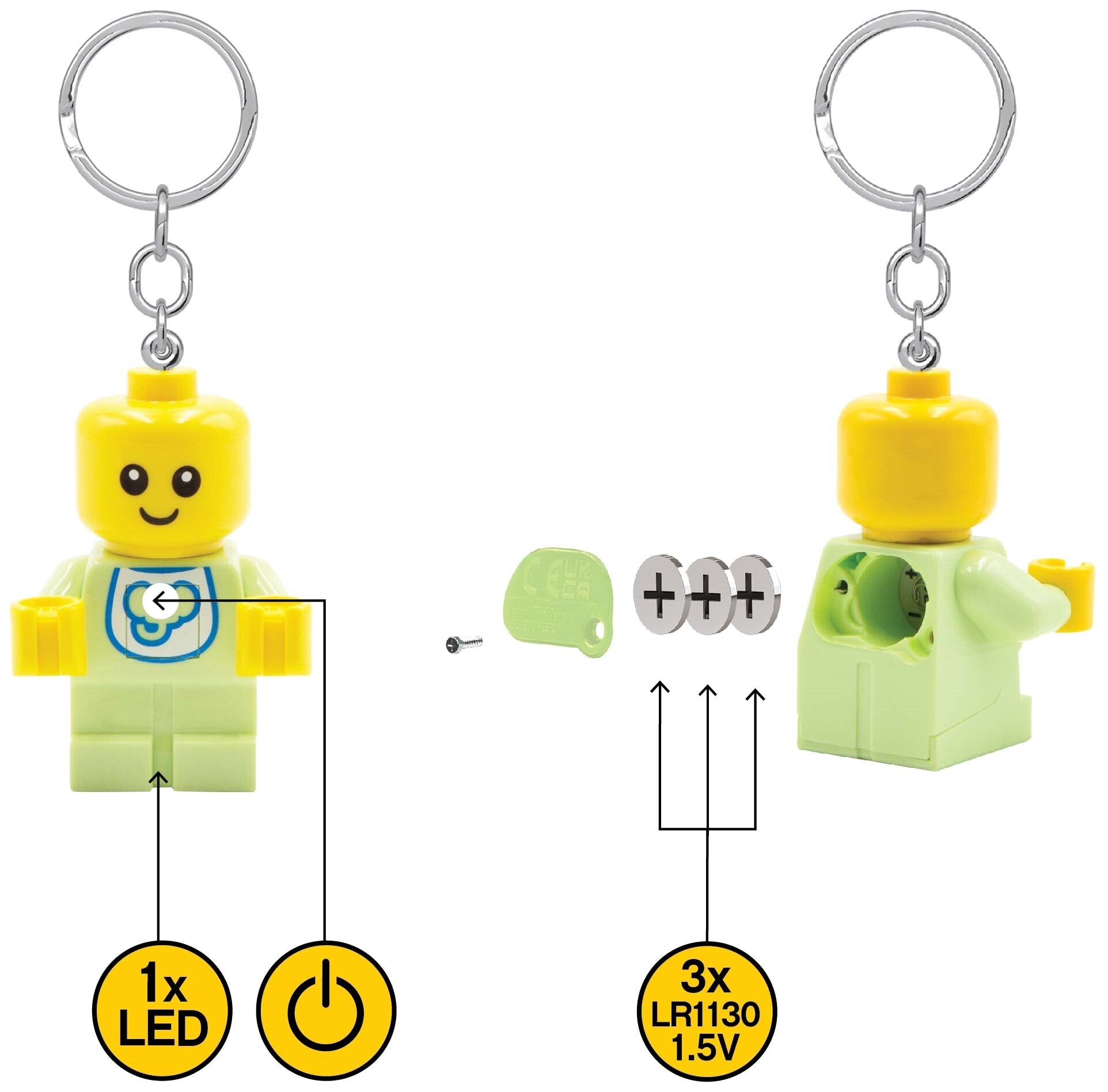 Brelok z latarką LEGO minifigurka niemowlaka z LED i zasilaniem na baterie LR1130
