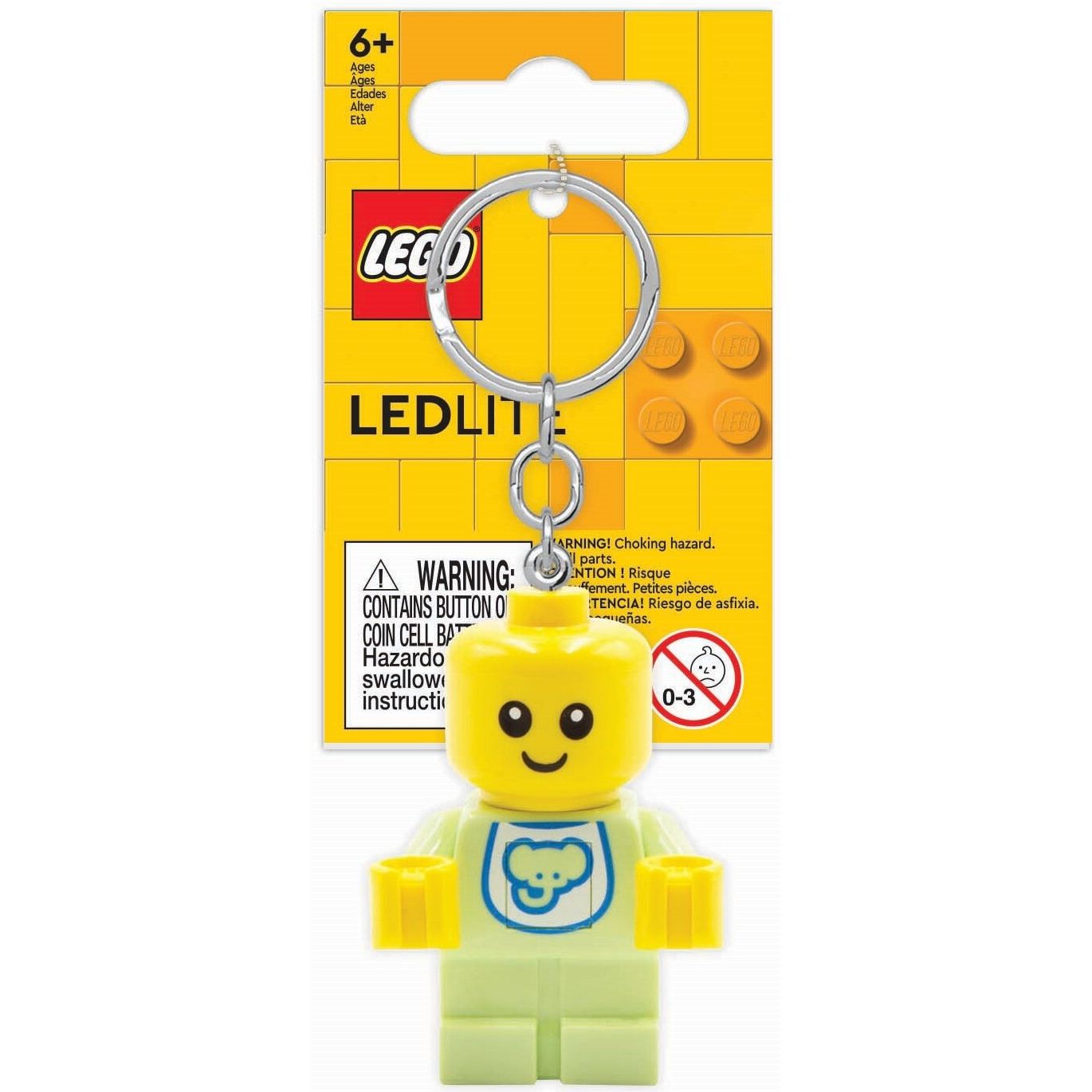 Brelok z latarką LEGO minifigurka w kształcie żółtej postaci z uśmiechem i niebieskim nadrukiem