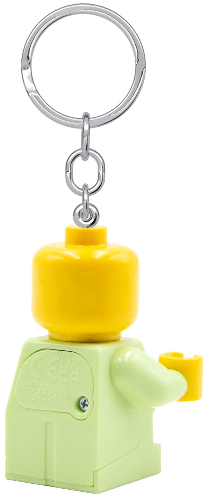 Brelok z latarką LEGO minifigurka z żółtą głową i zielonym ciałem na srebrnym kółku
