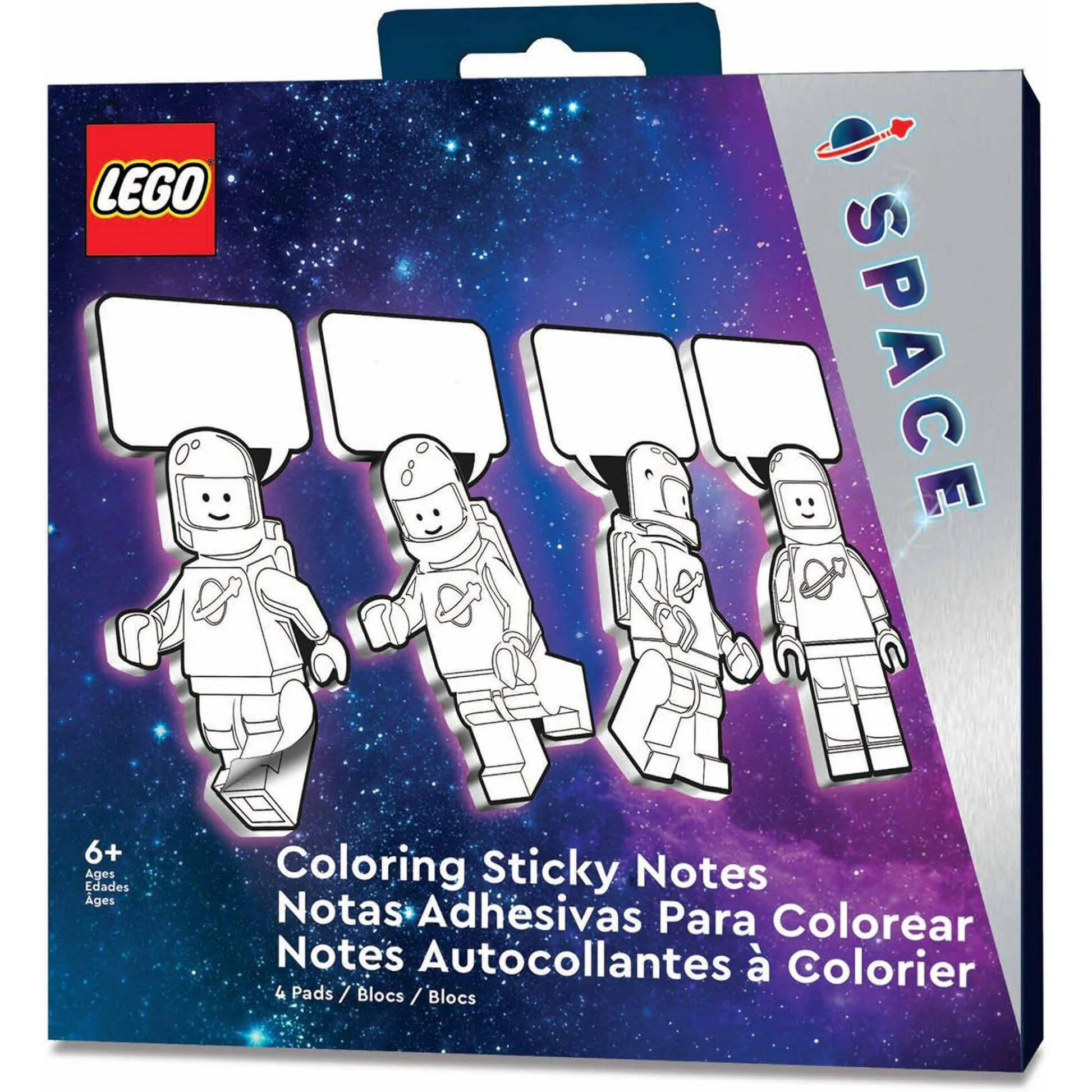 Opakowanie samoprzylepnych karteczek LEGO kosmos z postaciami kosmonautów do kolorowania