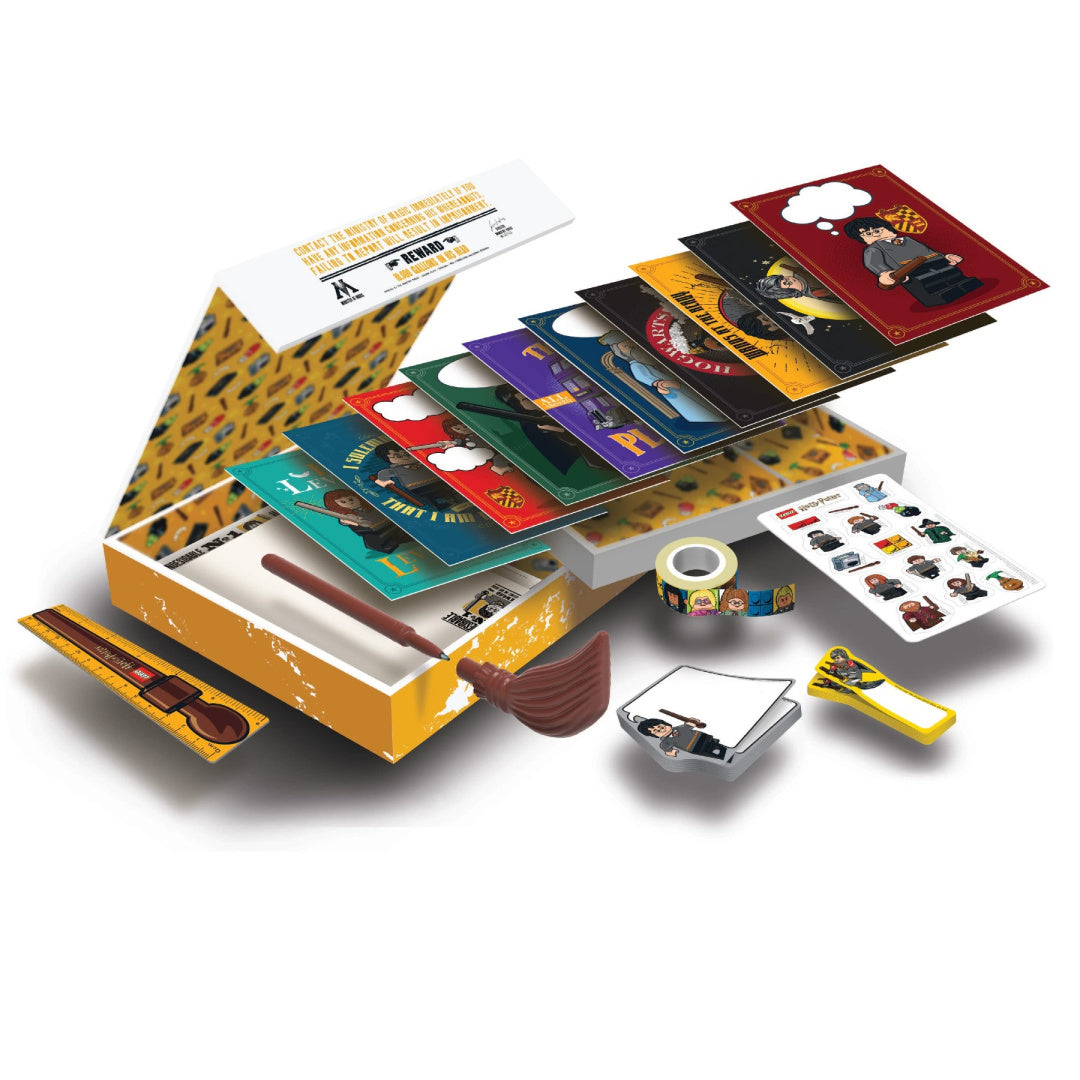 Zestaw piśmienniczy Harry Potter LEGO z notesami, zakładkami, taśmą dekoracyjną i pisakiem w kształcie miotły