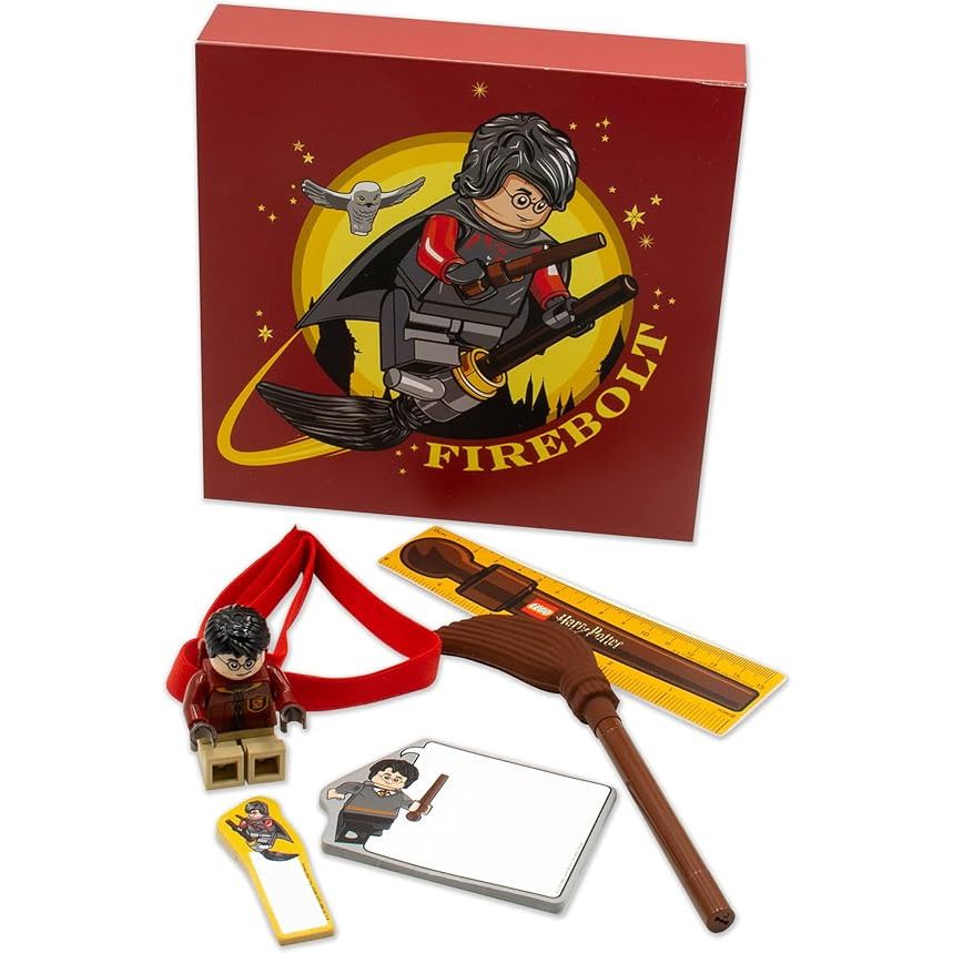 LEGO Harry Potter zestaw piśmienniczy z figurką Harry'ego Pottera, linijką i akcesoriami nawiązującymi do Firebolt