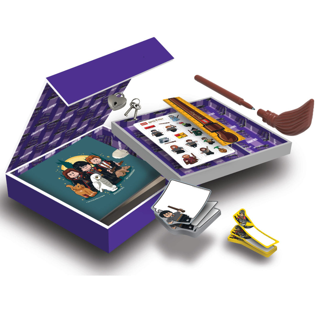 Zestaw piśmienniczy LEGO Harry Potter w fioletowym pudełku z notesem i zakładkami