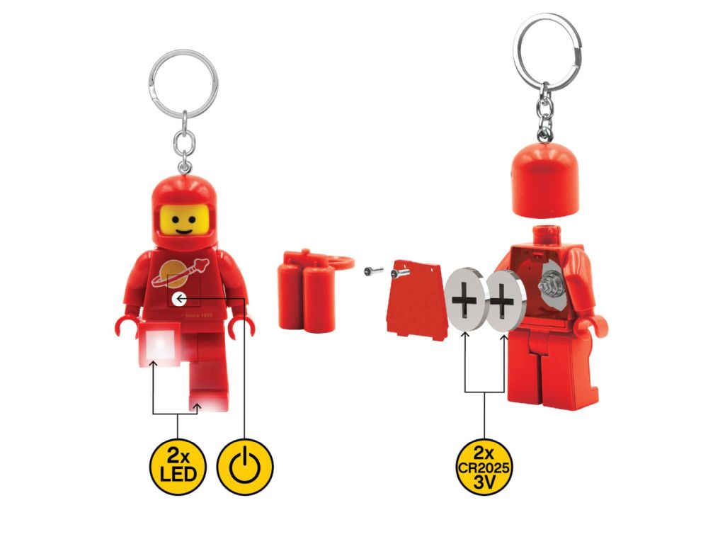 Czerwony brelok z latarką LEGO astronauta z dwiema diodami LED i funkcją otwierania głowy